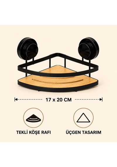 Deconox Metal Bambu Banyo Rafı Tekli Köşe, Üçgen Yapışkanlı Duş Rafı, Delmeden Duvar Tipi Şampuanlık Organizer, 17 X 20 Cm Aahşap