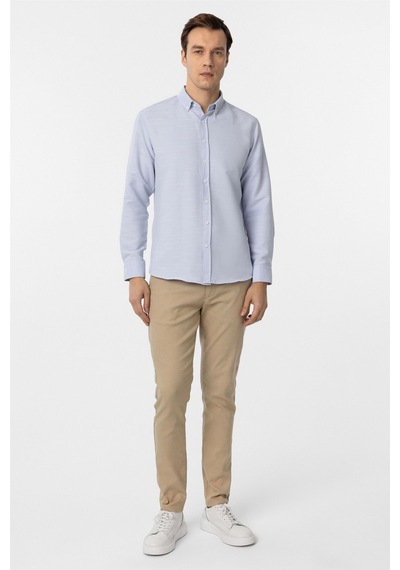 Süvari Buz Mavi Slim Fit Armürlü Düğmeli Yaka Gömlek