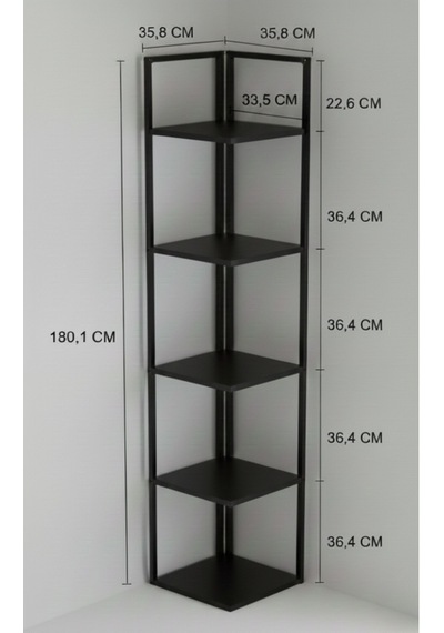 Ela 5 Raflı Metal Köşe Kitaplık Rafı Dekoratif Aksesuar Rafı 180 Cm Siyah - Çam