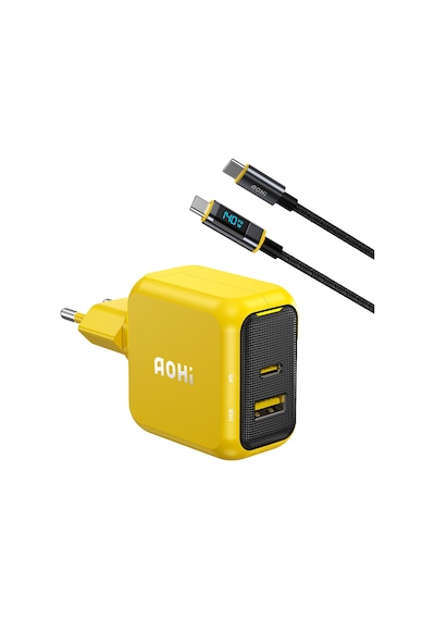 Aohi Magcube 67w 2 Portlu Şarj Adaptörü, 140w Led Ekranlı Naylon Örgülü Süper Hızlı Şarj/data Kablosu
