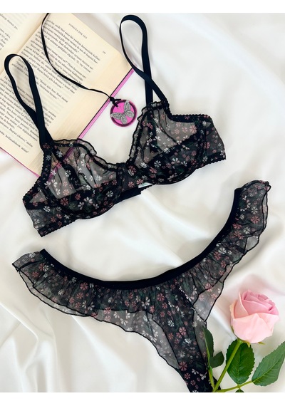 Arinda Butterfly Siyah Tül Çiçek Desenli Balenli Kapsız Fırfırlı Bralette Sütyen Tanga İç Çamaşırı Takımı Alt Üst 2 Parça