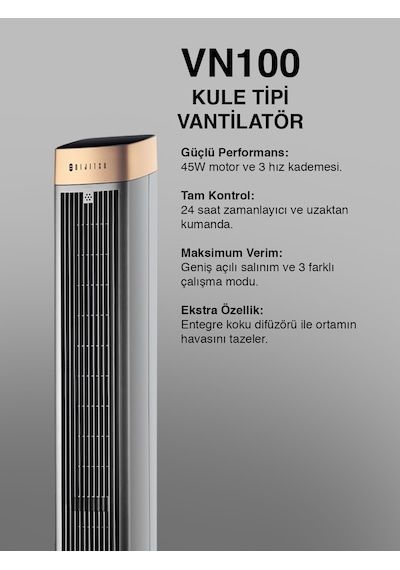 Dijitsu Vn100 Kule Tipi Vantilatör 45w, Zaman Ayarlı, 3 Hız Kademeli, Koku Difüzörü, Uzaktan Kumandalı, Geniş Salınım