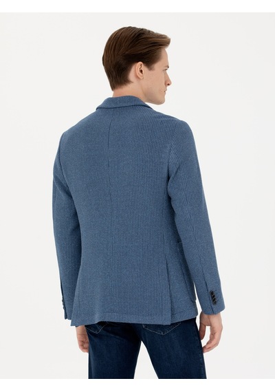 Cacharel Mavi Slim Fit Yün Karışımlı Flanel Ceket
