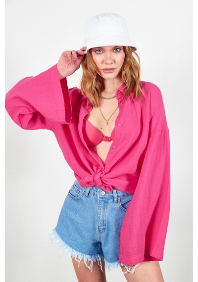Manche Fuşya Kolları Salaş Yıkamalı Müslin Oversize Rahat Kalıp Kadın Basic Gömlek Mks166881-01-6881 Manche Fuşya Kolları Salaş Yıkamalı Müslin Oversize Rahat Kalıp Kadın Basic Gömlek Mks166881-01-6881
