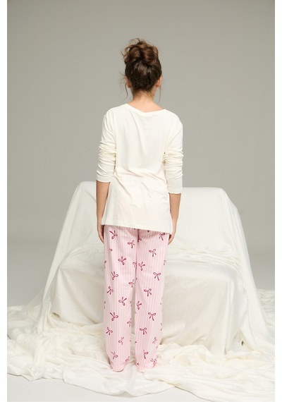 Siyah İnci Pamuklu Bisiklet Yaka Örme Pijama Takım 25241147 Ekru
