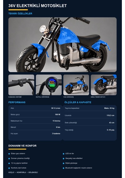 Elektrıklı Mini Chopper 36v 180w 3 Vites 12 Jant 5-9 Yaş Arası Uygundur. Mavi
