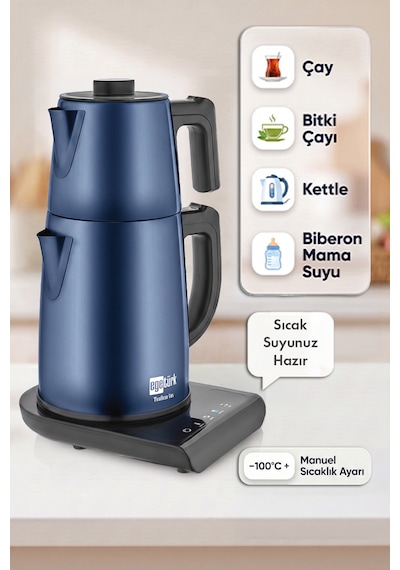 Egetürk TeaDem Vox Konuşan Dokunmatik Çay Makinesi Mama Suyu Hazırlama 1850W 1.7L Kettle 1.2L Demlik Mavi