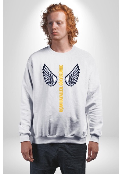 Uçan Hayaller Gökyüzünde Melek Kanatları Unisex Beyaz Sweatshirt Beyaz