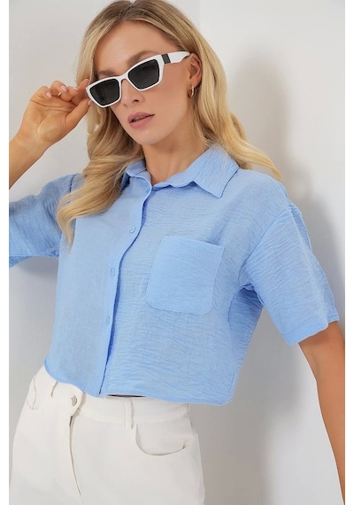Defymoda Kısa Kol Crop Gömlek 20341 - Mavi Mavi