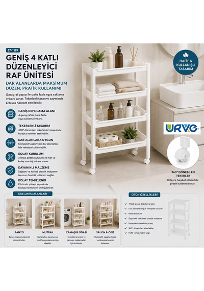 Urve Ur-3599 Rafty Geniş 4 Katlı Tekerlekli Sepet Organizer Raf Ünitesi 355x220x670 Mm Diğer