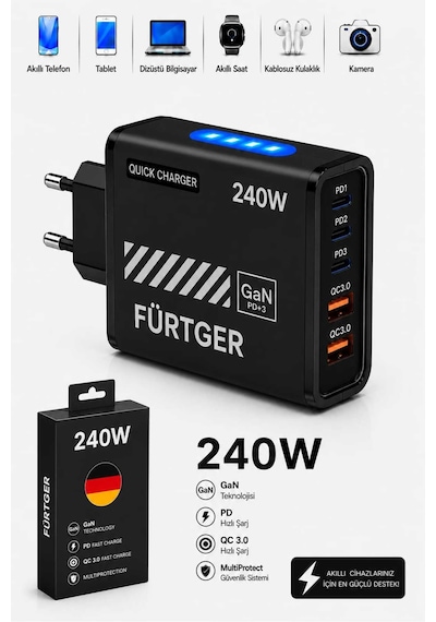 Fürtger German Frt-20w Si 3 Type-c + 2 Usb-a Toplam 5 Çıkışlı + 20w Şarj Aleti