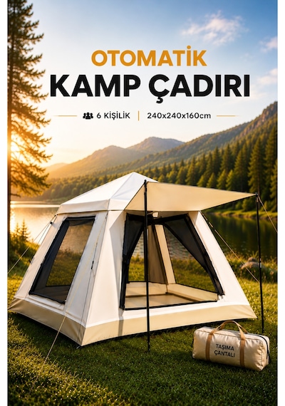 Kamp Çadır 6 Kişilik, 240x240x160cm Ebatlarında, Ac6637 Güneşlikli Su Geçirmez Otomatik Kamp Çadırı Yeşil