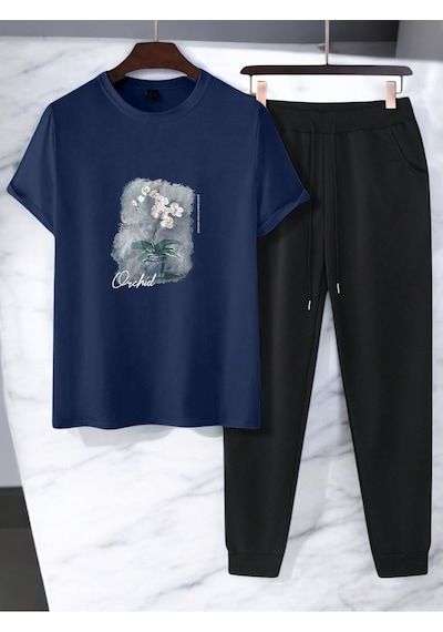 Uyguntarz Unisex Saksı Tasarım Basklı Tshirt Eşofman Takımı Lacivert