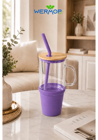 1000 Ml Cam Big Mug Bambu Kapaklı Çelik Pipetli Büyük Boy Kupa Termos Mor