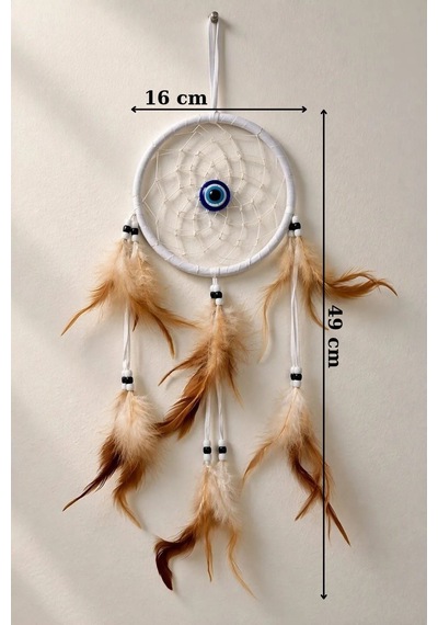 Motifli Düş Kapanı Rüya Kapanı Dream Catcher Bej Tüylü Nazar Boncuklu Bohem Duvar Süsü Bohem El Yapımı Nazar Boncuklu Düş Kapanı