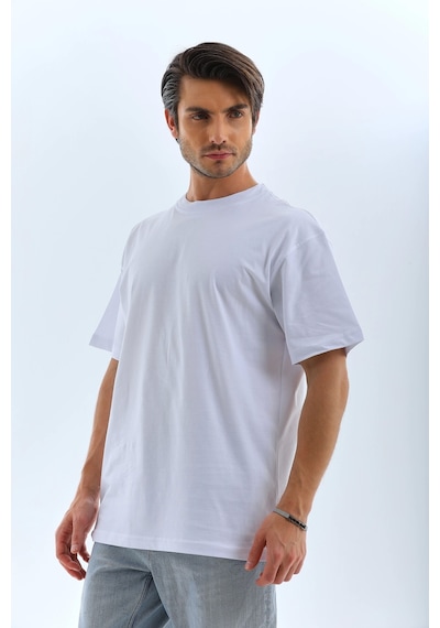 Unisex Oversize Düz Bisiklet Yaka T-shirt - Beyaz
