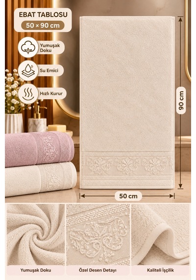 %100 Pamuk Ekru Bordürlü Yüz Havlusu 50x90 Cm Yüksek Su Emici Banyo El Yüz Havlusu