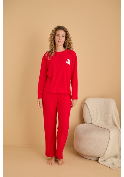 Siyah İnci Havlu Kumaş Örme Pijama Takım25226007 Kırmızı