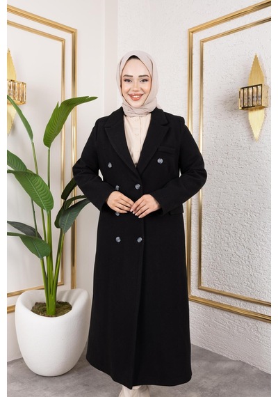 Hb Harma Time Butik Kadın Astarlı Düğmeli Cepli Uzun Siyah Kaşe Kaban Siyah Siyah