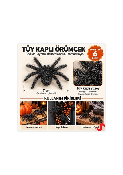 Halloween Tüylü Örümcek Süs, 7 Cm - 6 Adet 0-99