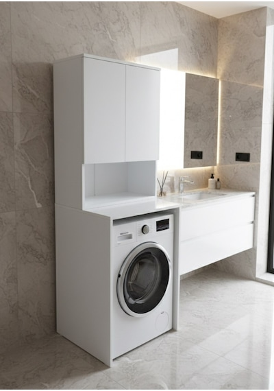 Tuna Çamaşır Makinesi Dolabı, Alt Üst Set, Kapaklı, Banyo Dolabı Beyaz Beyaz