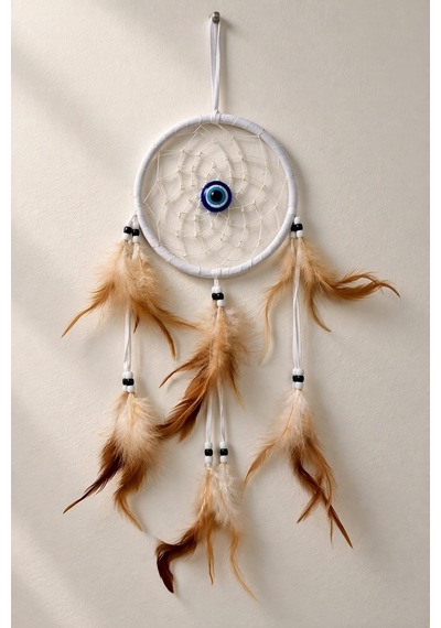 Motifli Düş Kapanı Rüya Kapanı Dream Catcher Bej Tüylü Nazar Boncuklu Bohem Duvar Süsü Bohem El Yapımı Nazar Boncuklu Düş Kapanı