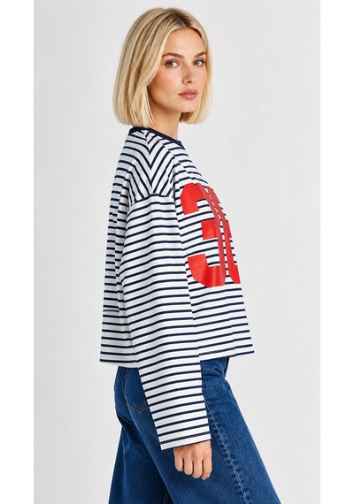 Mevese Kadın Oversize Çizgili Baskılı Uzun Kollu T-shirt - 36 Detaylı Spor Şık Tişört - Ekru-lacivert Ekru - Lacivert