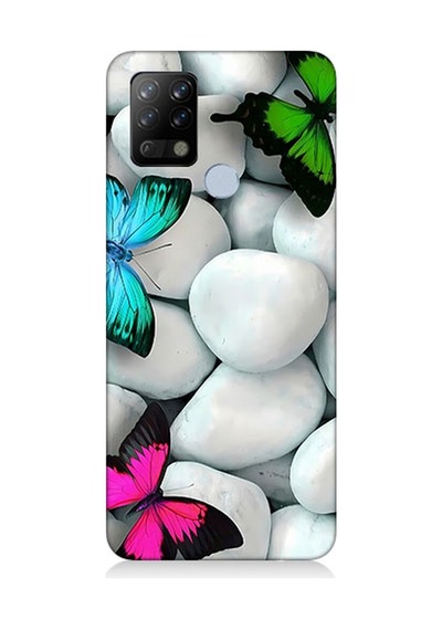 Tecno Pova Uyumlu Silikon Kılıf Mavi Yeşil Pembe Kelebekler Ve Beyaz Taşlar