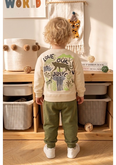 Babymod Erkek Çocuk Safari Desenli %100 Pamuk Sweatshırt Eşofman Alt-üst Takım Yeşil
