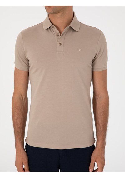 Koyu Bej Slim Fit Polo Yaka Pamuklu Basic T-shirt