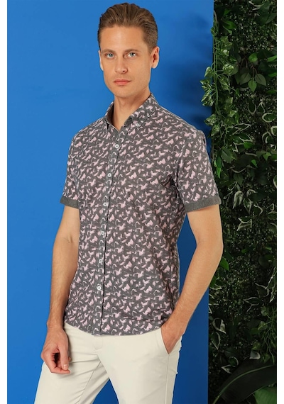 Efor Slim Fit Düğmeli Yaka Desenli Kısa Kol Pamuk Füme Gömlek G 1504 Füme