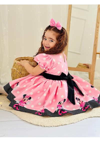 H L Y Karol Tasarım Pembe Mickey Mouse Vintage Kız Bebek Elbise,doğum Günü Elbise,fotoğraf Çekim Elbise,0-12 Yaş Uygun Pembe