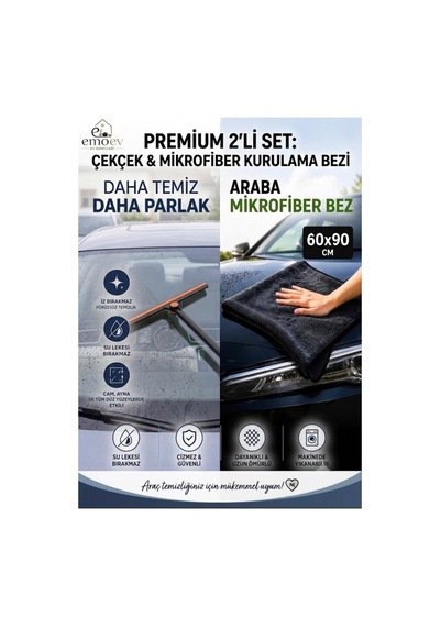 2'si 1 Arada Oto Temizlik & Bakım Seti - 60x90 Cm Büyük Boy Mikrofiber Araç Kurulama Bezi + 180 Oynar Başlıklı Oto Cam Sileceği / Çekçek