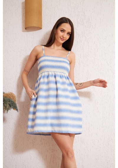Darlin Moda Mavi Çizgili Cepli Elbise Dm1003 Mavi