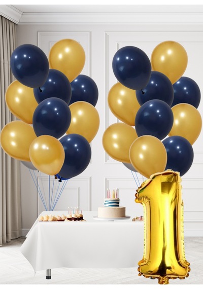 1 Yaş Sarı Lacivert Taraftar Temalı Doğum Günü Seti Altın Kozmik Lacivert Balonlar Altın Folyo Rakam Altın