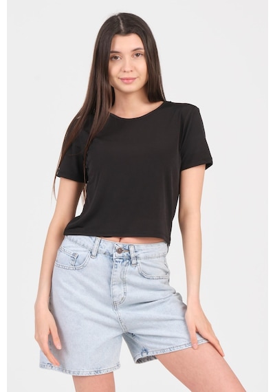 As Collection Siyah Bisiklet Yaka Kısa Kol Sandy Kadın Crop Siyah