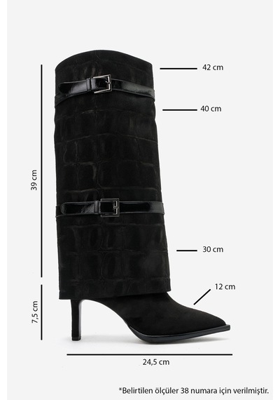 Luvi Shoes Pıen Siyah Süet Baskı Sivri Burun Kadın İnce Topuklu Çizme