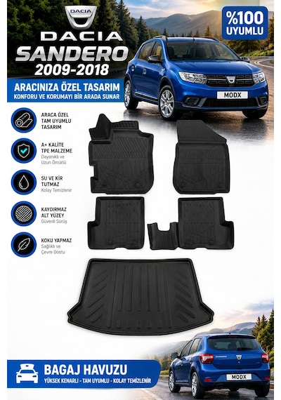 Dacia Sandero 2016 Model Havuzlu Paspas Takımı + Bagaj Havuzu -modx-