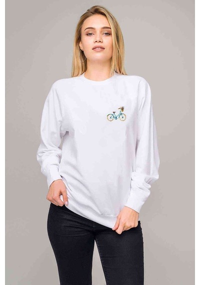 Sulu Boya Mavi Bisiklet Göğüs Baskılı Beyaz Kadın Sweatshirt