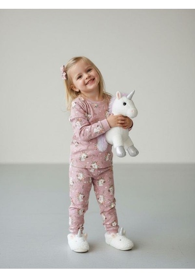 Kız Çocuk Pamuklu Baskılı Pijama Takımı-16834 Mor