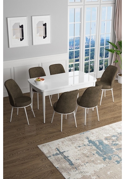 Canisa Han Serisi, Beyaz 70x114 Açılabilir Mdf Mutfak Masa Takımı, 6 Kahve Sandalye Masa Beyaz Sandalyeler Kahverengi