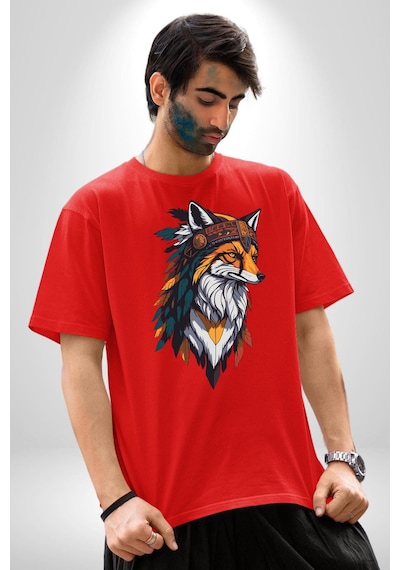 Kızılderili Tilki Pamuklu Bisiklet Yaka Unisex Oversize Boyfriend Dijital Baskılı Kırmızı T-shirt Kırmızı