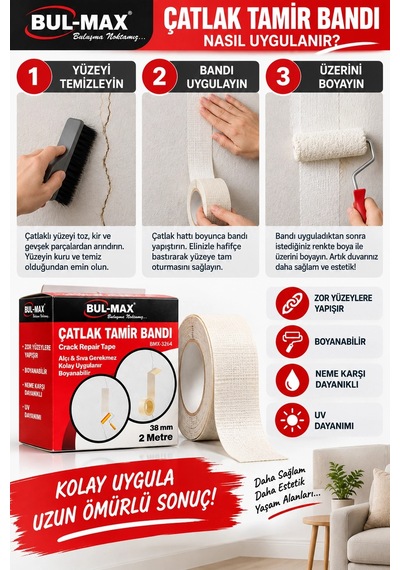 Çatlak Tamir Bandı 38 Mm X 2 Metre Boyanabilir Neme Ve Uv Ye Dayanıklı Duvar Onarım Bandı