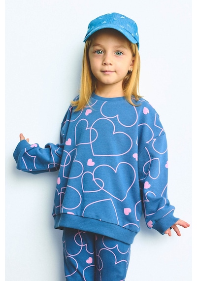 Defacto Kalp Desenli Bisiklet Yaka Sweatshirt Esnek Belli İspanyol Paça Alt 2li Takım Kız Bebek I3663a526wnbe341 Mavi-be341
