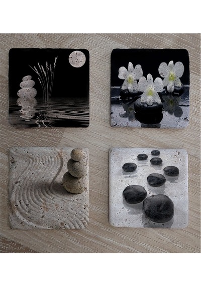 Spa Taşları Ve Kiraz Çiçeği Doğal Taş Bardak Altlığı 4'lü Set - Natural Stone Coasters-174115 Çok Renkli