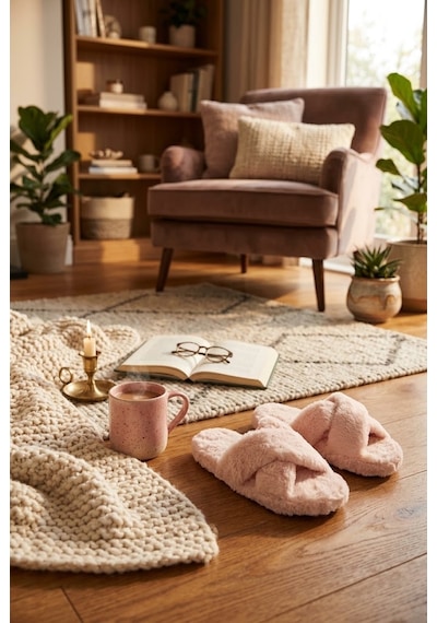 Relaxa Kadın Peluş Ev Terliği, Yumuşak Kürklü,yumuşak Tabanlı, Sıcak Kışlık Terlik Pembe