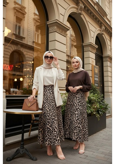 Unika Boutique Leopar Desenli Uzun Bürümcük Kloş Etek Kahverengi
