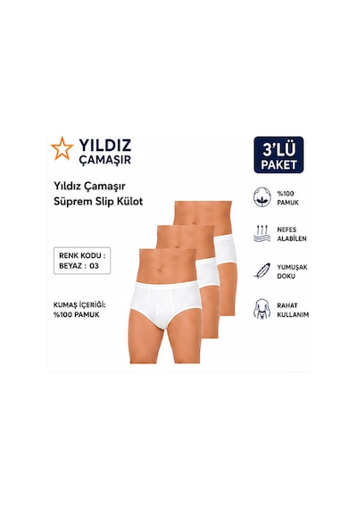 Yıldız Çamaşır Erkek Süprem Slip Külot 03-130-131 - 3 Adet Beyaz