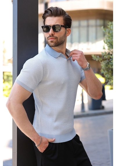 Madmext Bebe Mavisi Polo Yaka Regular Fit Erkek Triko Tişört E7496