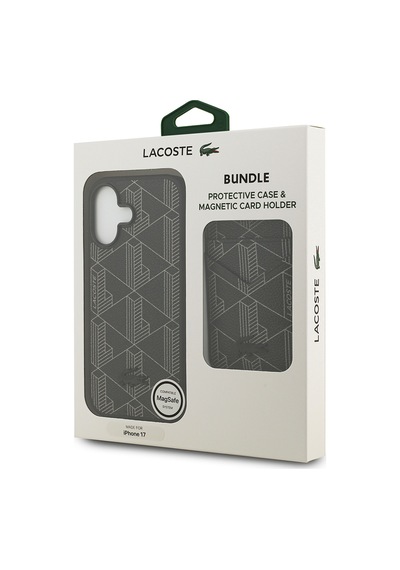 Apple Uyumlu iPhone 17 Kılıf Lacoste Lisanslı M-safeli Pu Deri Kartlıklı Karışık Monogram Desenli Siyah Siyah